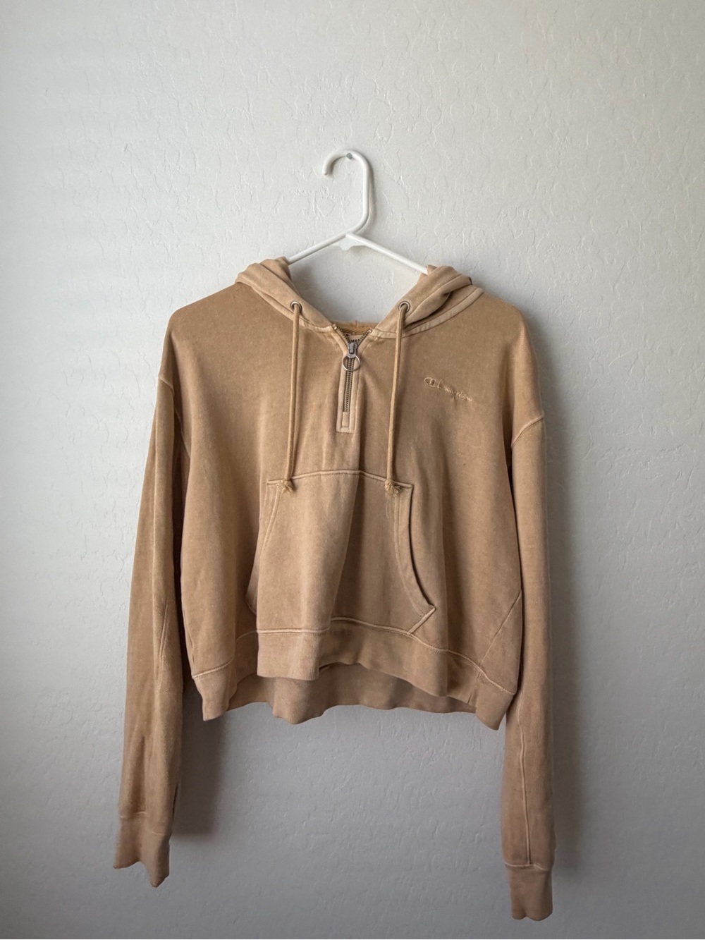 Champion Cropped Half-Zip Hoodie in Tan
